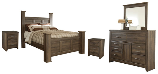 Juararo Queen Poster Bed with Mirrored Dresser and 2 Nightstands