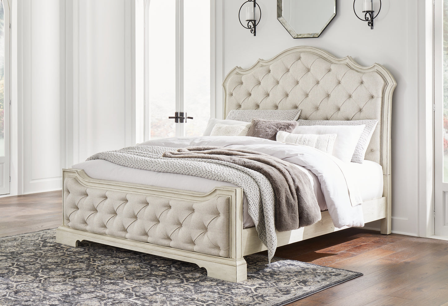 Arlendyne California King Upholstered Bed with Mirrored Dresser and Chest